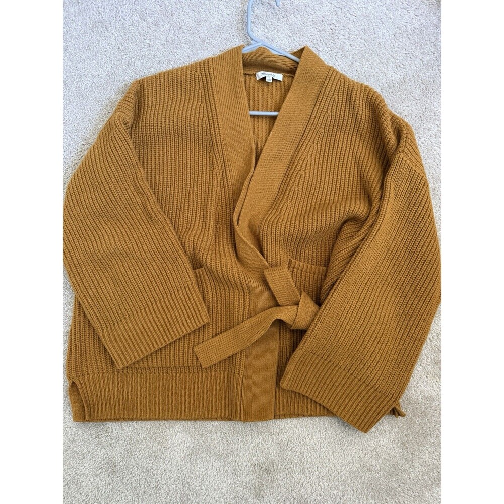 Madewell Women’s M Chunky Knit Tie Front Cardigan Mustard Camel Pockets Sweater